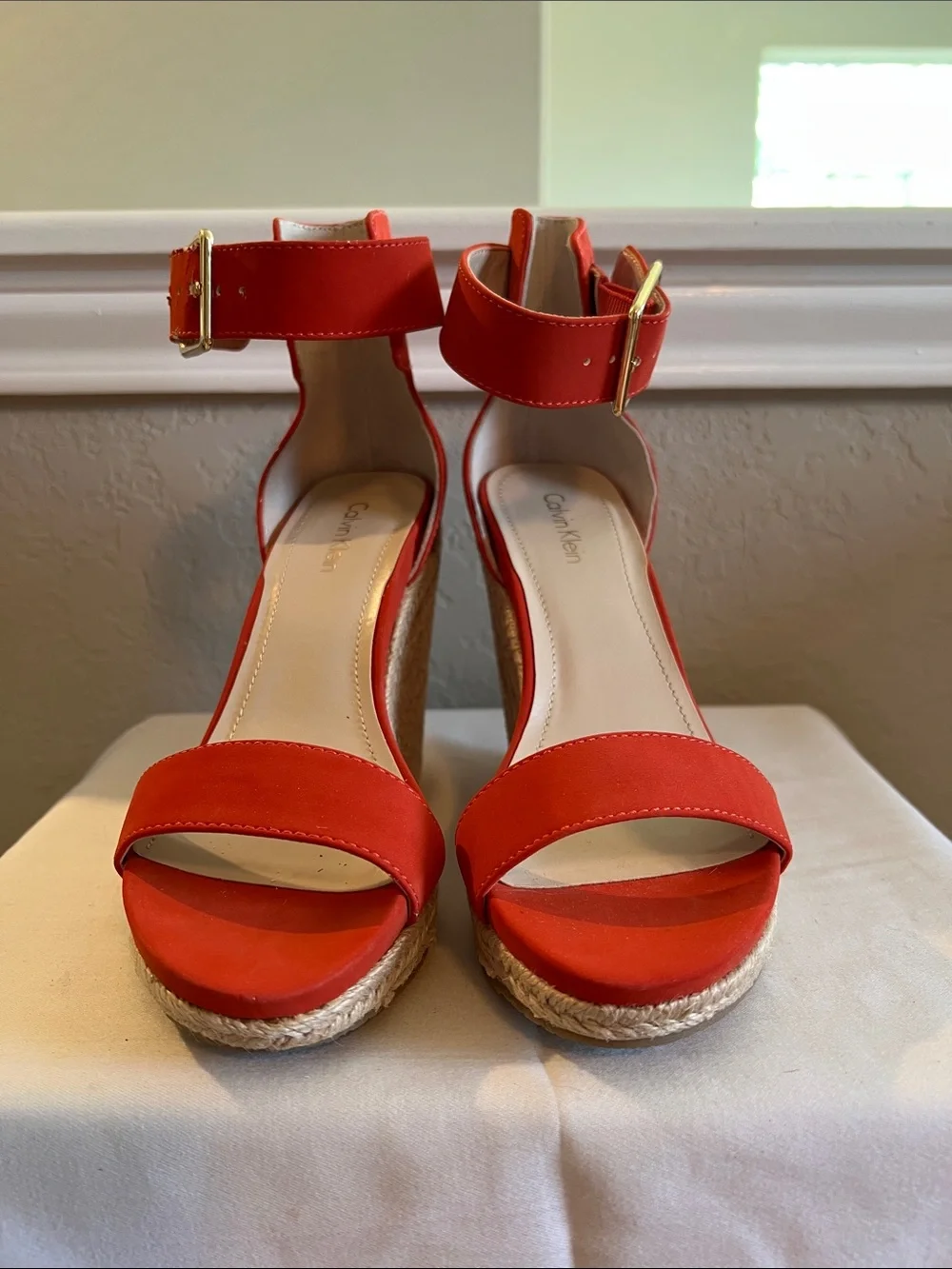 Calvin Klein Coral-Red Espadrille Ankle-Strap Wedges